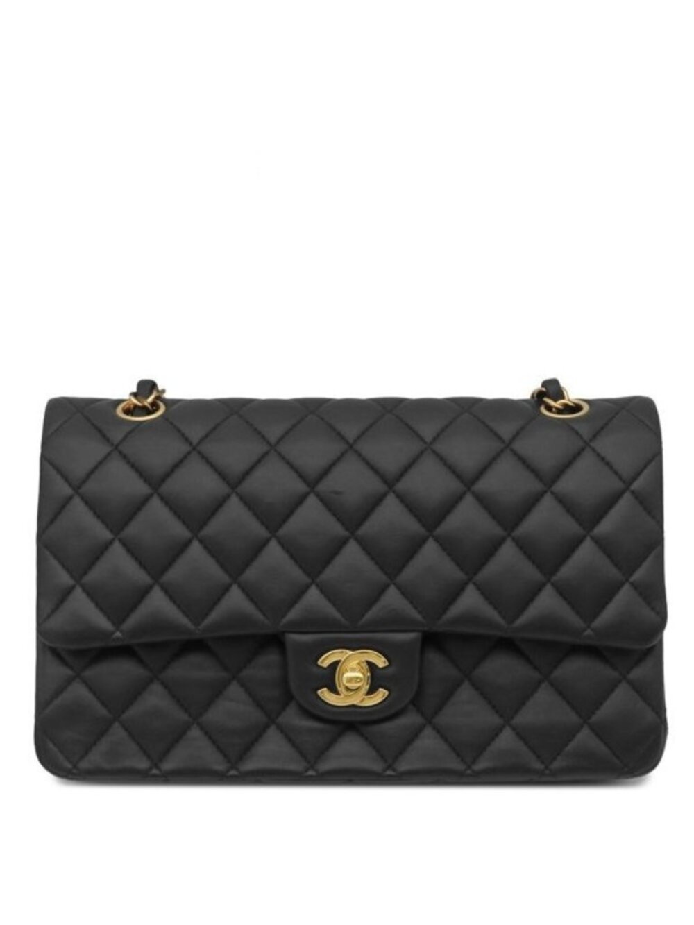 Chanel Shoulder Bag Quilted 25 Double Flap Lambskin Black Gold Chain 29